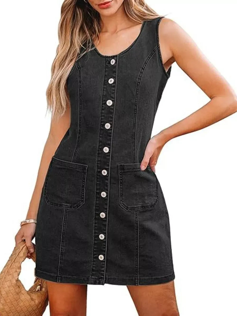 Women's button-front sleeveless denim dress for casual everyday wear