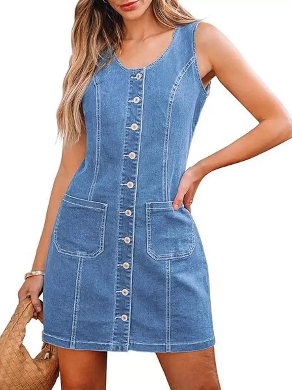 Women's button-front sleeveless denim dress for casual everyday wear
