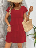 Women's casual layered round neck ruffled sleeve dress
