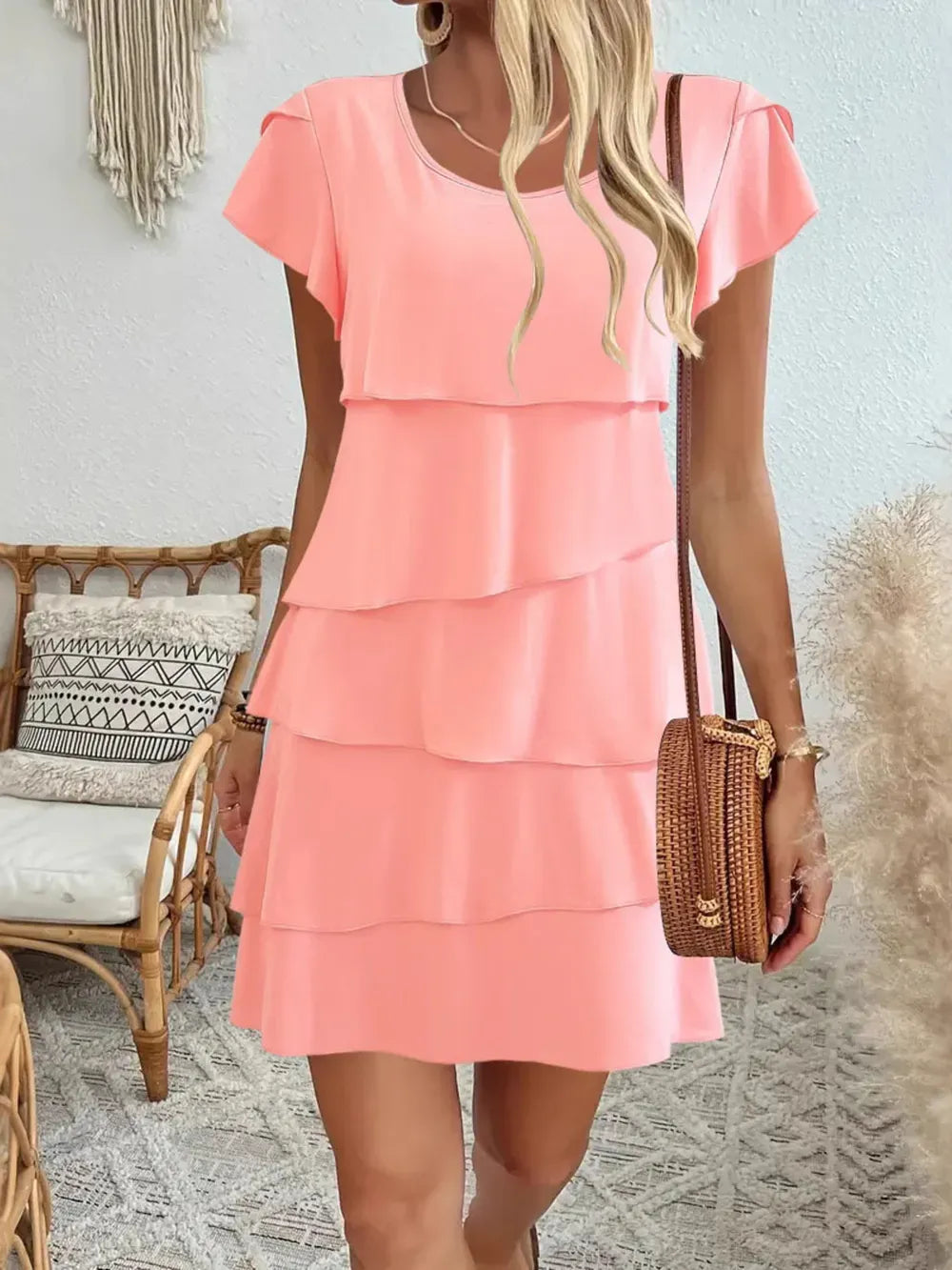Women's casual layered round neck ruffled sleeve dress