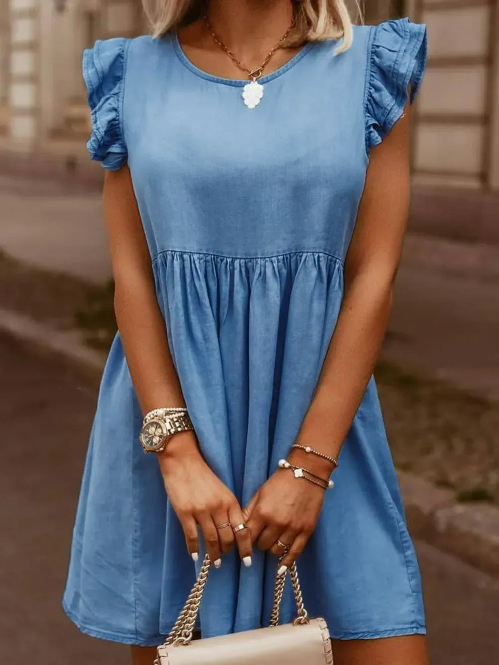 Full size women's ruffled round neck cap sleeve denim dress