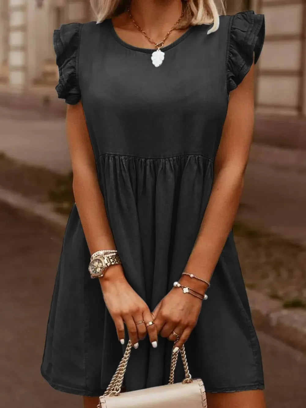 Full size women's ruffled round neck cap sleeve denim dress