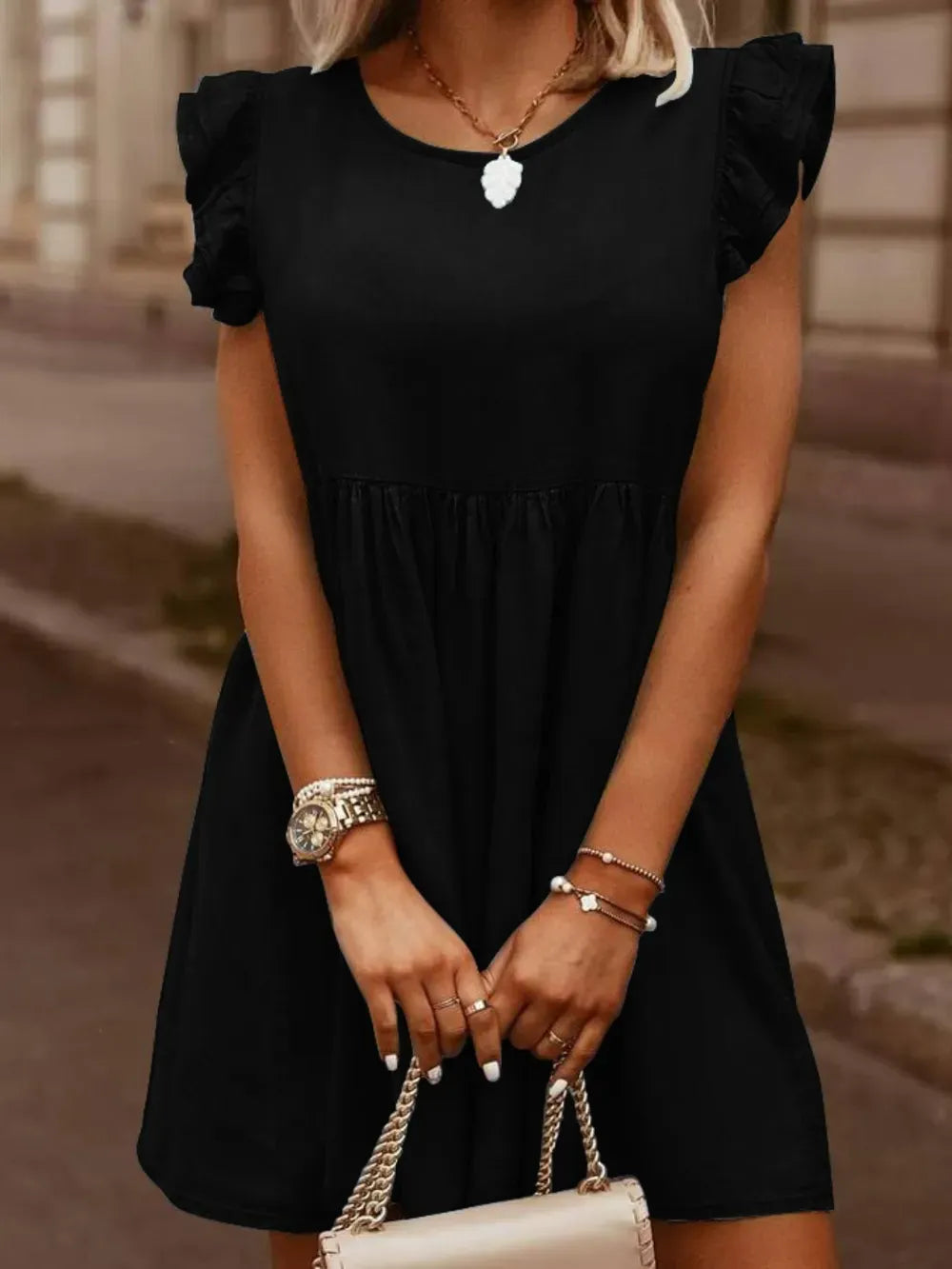 Full size women's ruffled round neck cap sleeve denim dress