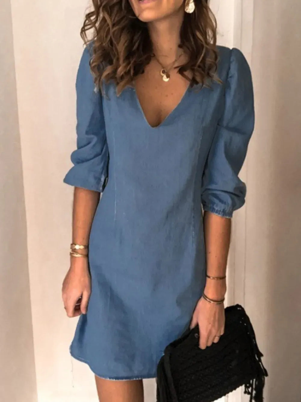Full size women's V-neck half sleeve casual dress